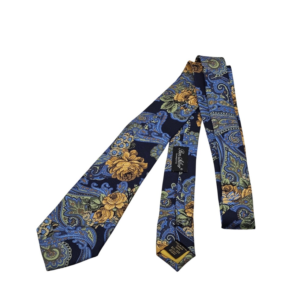 Ben Silver Silk Tie Navy Yellow Floral Paisley Academia Preppy Luxury Business - Picture 7 of 10